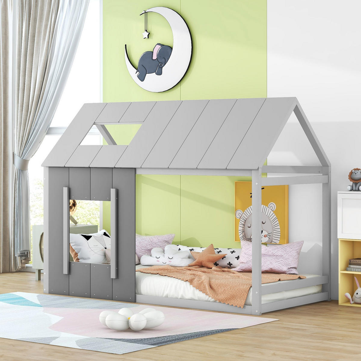 DOMČEKOVÁ posteľ 90/200 cm sivá s oknom a strechou z borovice a MDF - sivá, kompozitné drevo (90/200cm) - OKWISH