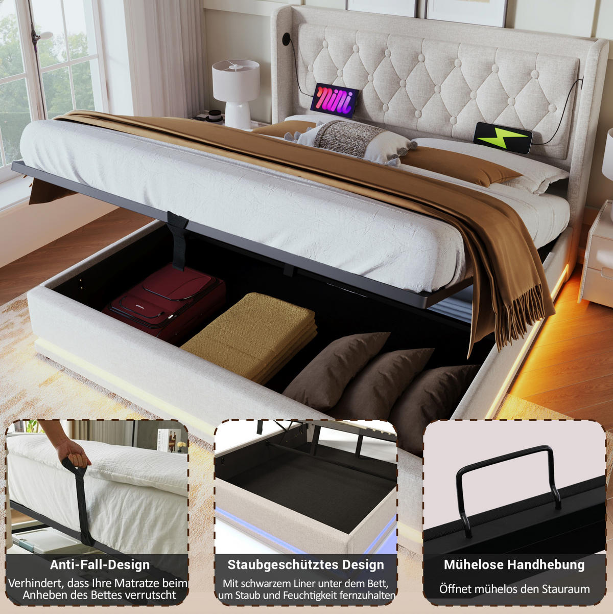 POLSTERBETT 160/200 cm Beige aus Baumwolle mit Stauraum, LED und USB-C - Beige, Textil (160/200cm) - OKMYHOME