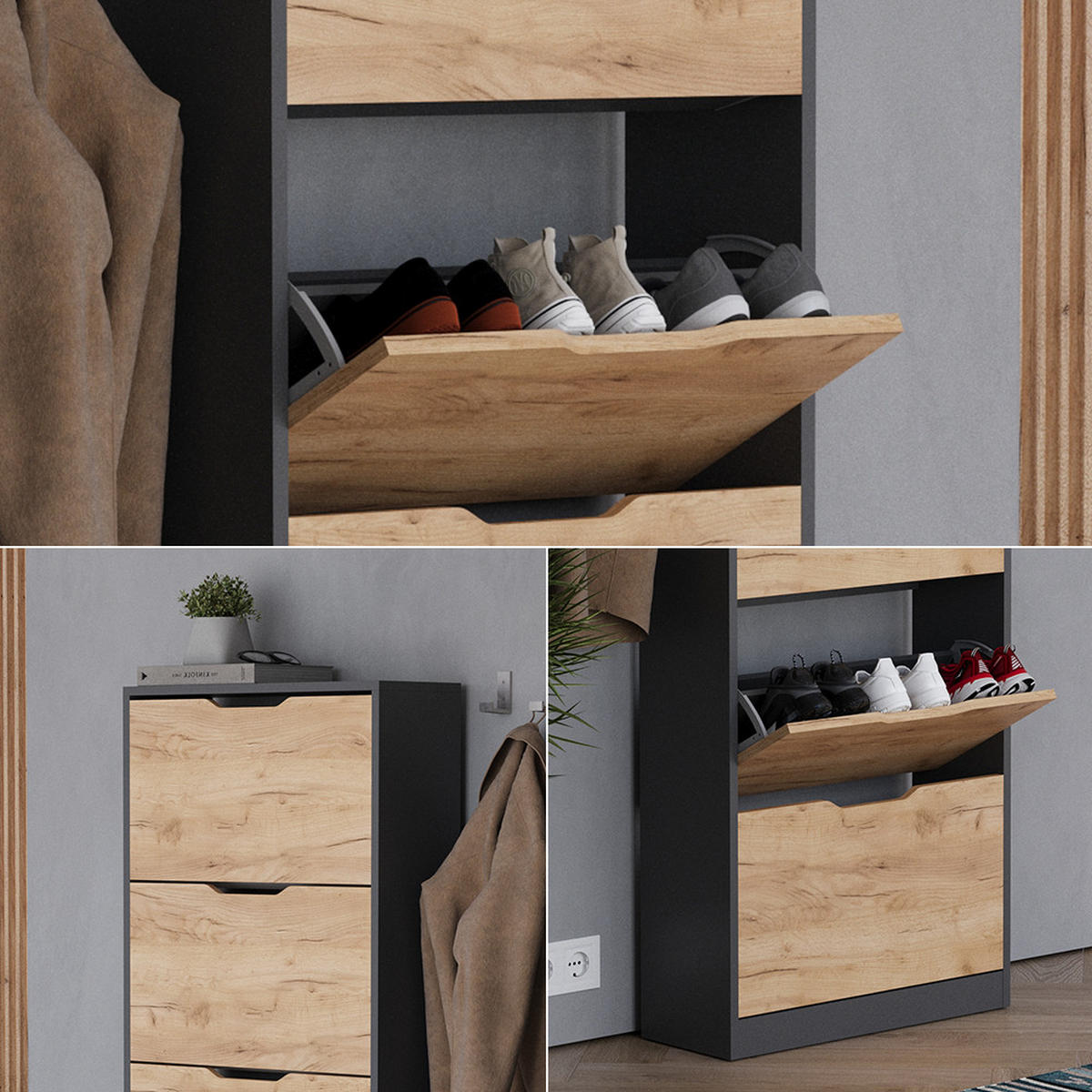 SCHUHKIPPER Luca Anthrazit/Goldkraft Eiche 22 x 169 cm mit 5 Fächern - Honigeiche/Anthrazit, Holzwerkstoff (59/169/22cm) - Vicco