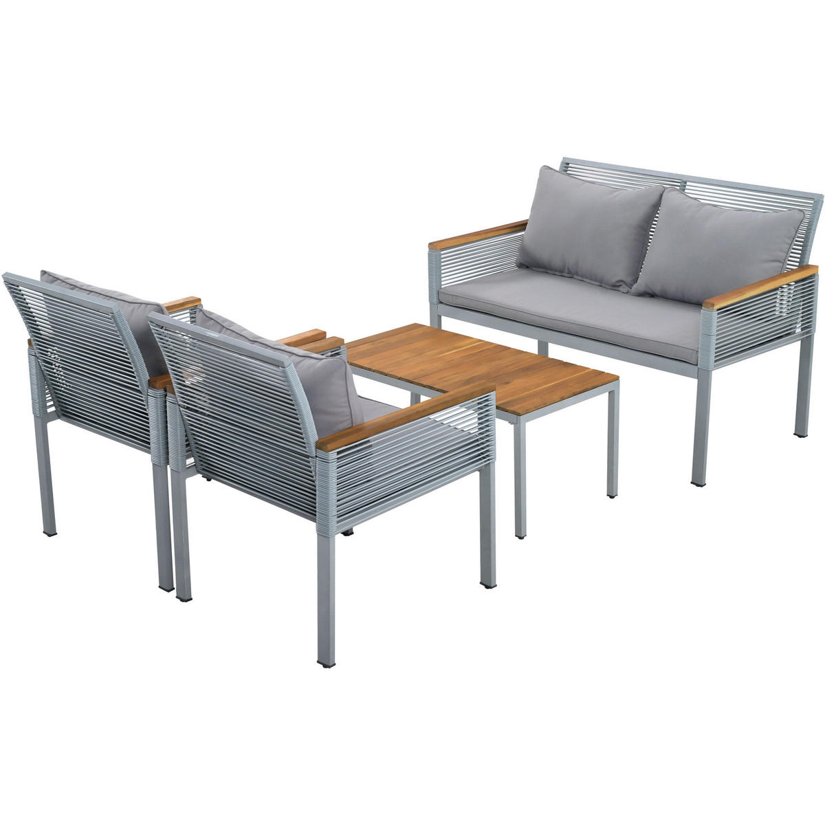 LOUNGESET Grau Rattan Doppelsofa 2 Sessel Tisch - Grau, Metall - FLIEKS