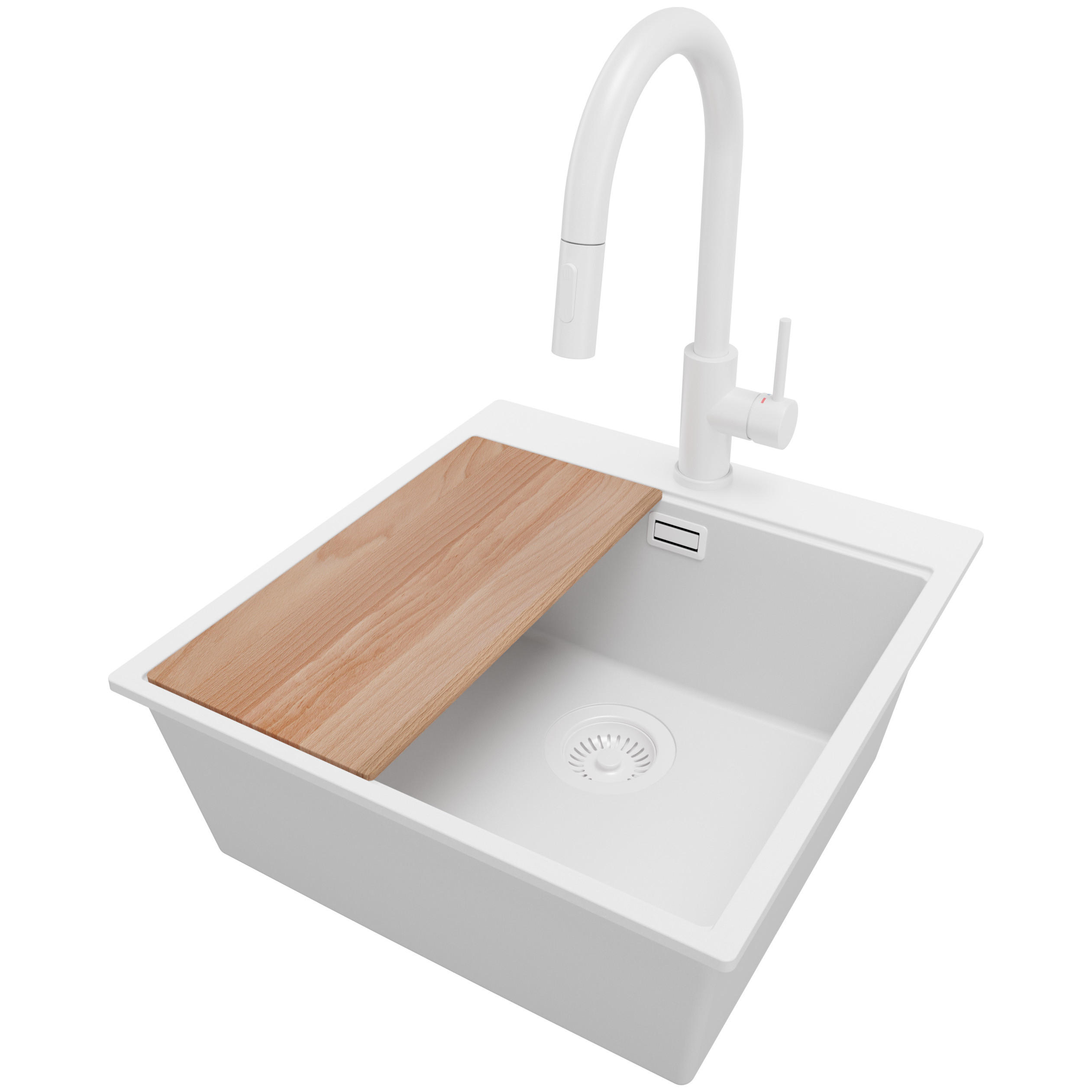 GRANITSPÜLE Oslo, 2-er set Alles Weiß 48/50 cm 1 Becken + Küchenarmatur 40/20 cm + Ablauf-Set + Schneidebrett ab 50er Unterschrank - Beige/Weiß, Kunststoff (48/20/50cm) - Primagran