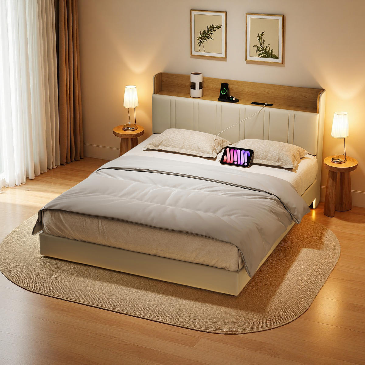 ČALÚNENÁ posteľ 140x190 cm biela PU LED USB plávajúce lôžko - biela, kov - SHOPENTRA