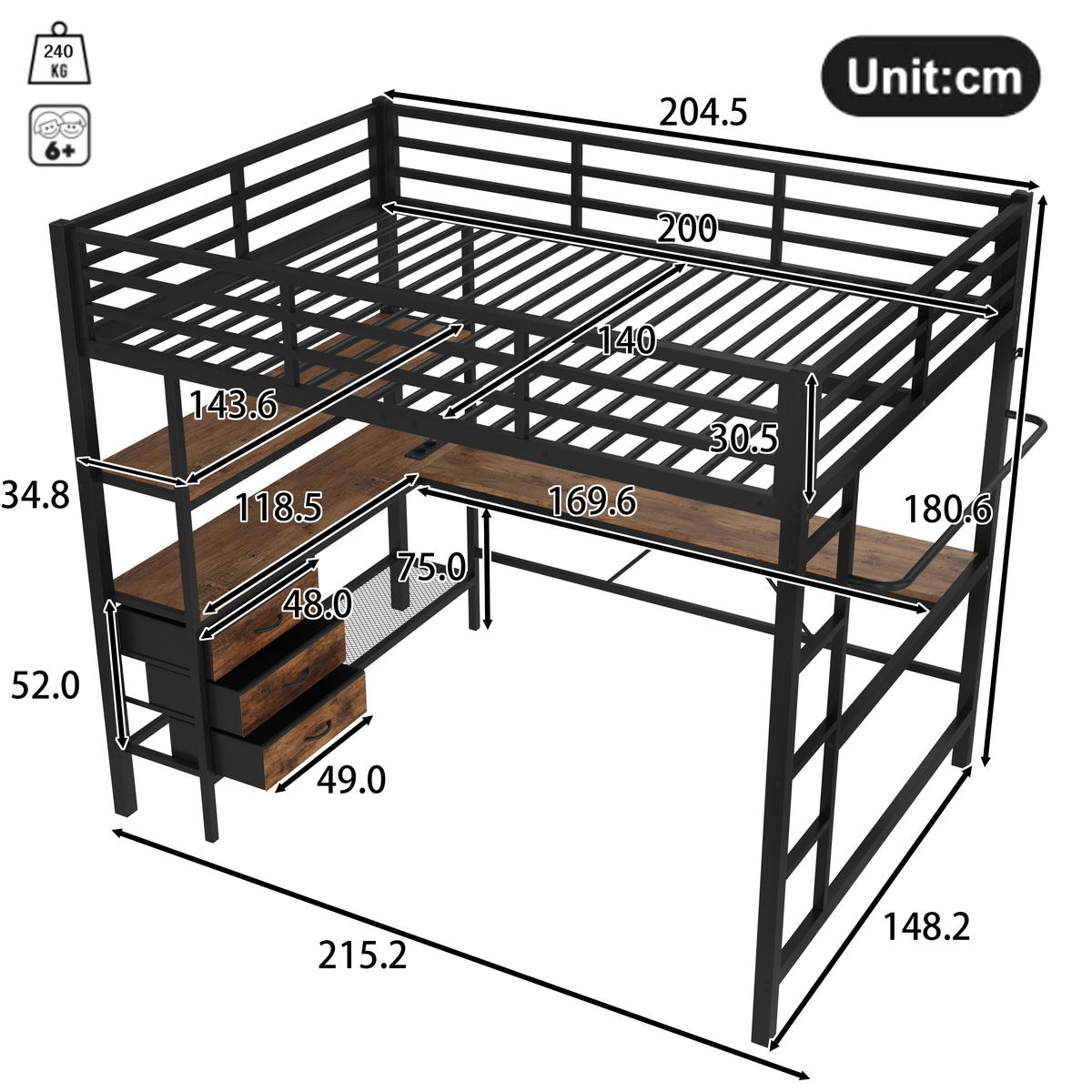 HOCHBETT 140x200cm Schwarz LED-Licht Schreibtisch USB 3 Schubladen - Schwarz, Metall (140/200cm) - FLIEKS