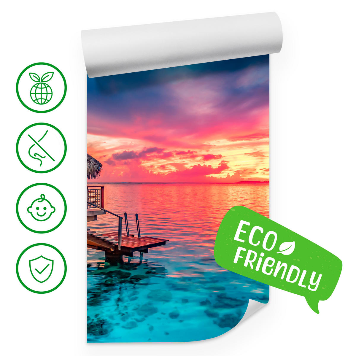 FOTOTAPETE für Wohnzimmer Sonnenuntergang Ozean Holzhütte 200x140 - Türkis/Blau, Papier (200/140cm) - Muralo