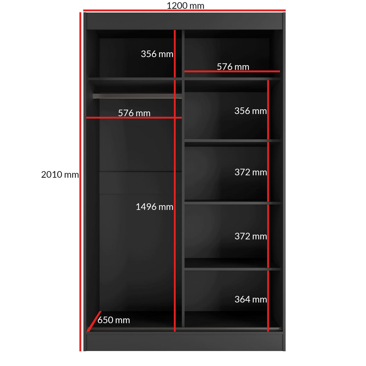 SCHIEBETÜRENSCHRANK mit Spiegel Como 2D1L 120 Schwarz (lacobel) - Silberfarben/Schwarz, Holzwerkstoff/Metall (120/201/65cm) - mzm24
