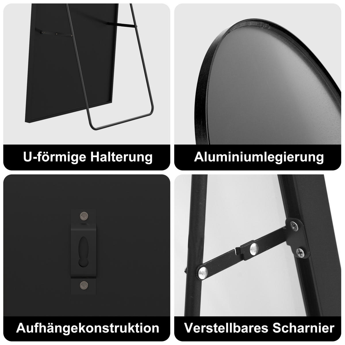 GANZKÖRPERSPIEGEL 63x173 cm, gebogener Aluminiumrahmen, freistehend/Wandmontage in Schwarz, für Wohn- & Schlafzimmer - Schwarz, Glas/Metall (63/2/173cm) - BRILVERDE