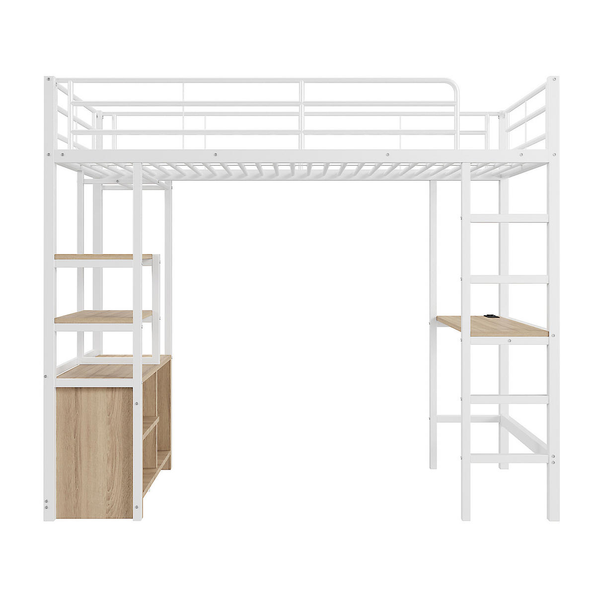 HOCHBETT 90/200 cm in Weiß mit Schreibtisch, Regalen und USB-Anschluss - Weiß, Metall (90/200cm) - Flora Grace