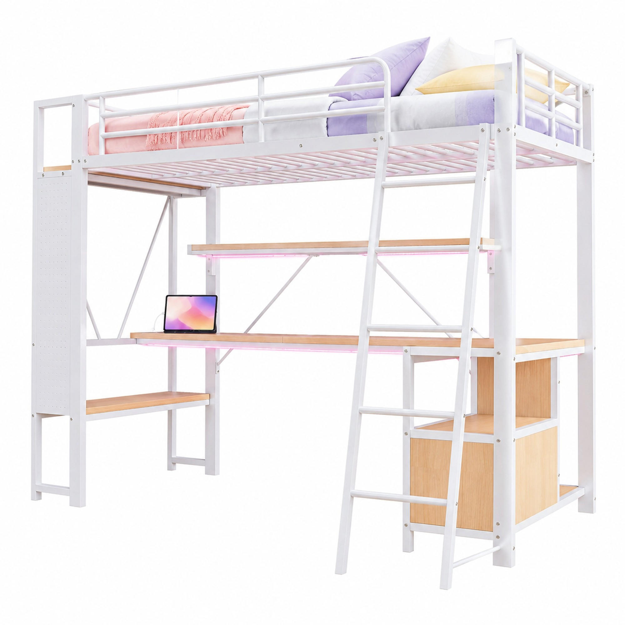 HOCHBETT mit Schreibtisch und Stauraum 90x200 cm Metall/MDF Weiß - Weiß, Metall (90/200cm) - Meubliv