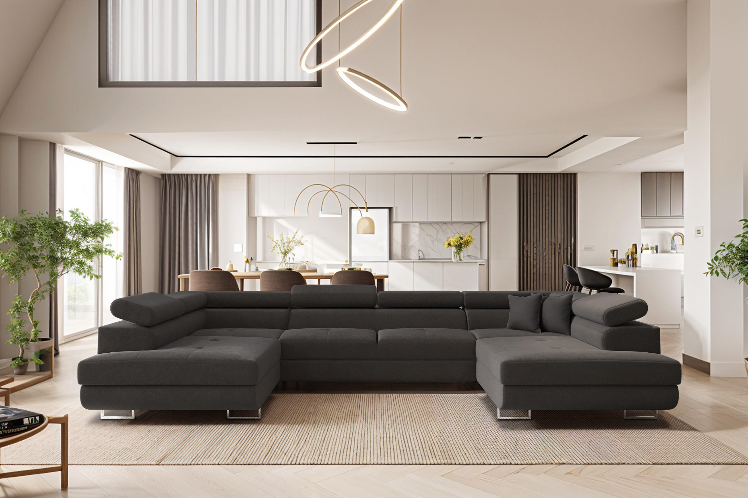 ECKSOFA Falio U-förmiges mit Schlaffunktion und Kopfstützen Velours Graphit - Graphitfarben, Holz/Textil (202/345cm) - Kaiser Möbel