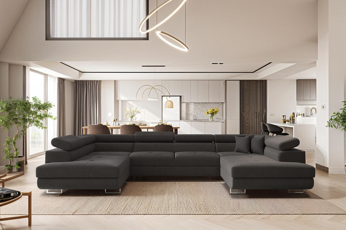 ECKSOFA Falio U-förmiges mit Schlaffunktion und Kopfstützen Velours Graphit - Graphitfarben, Holz/Textil (202/345cm) - Kaiser Möbel
