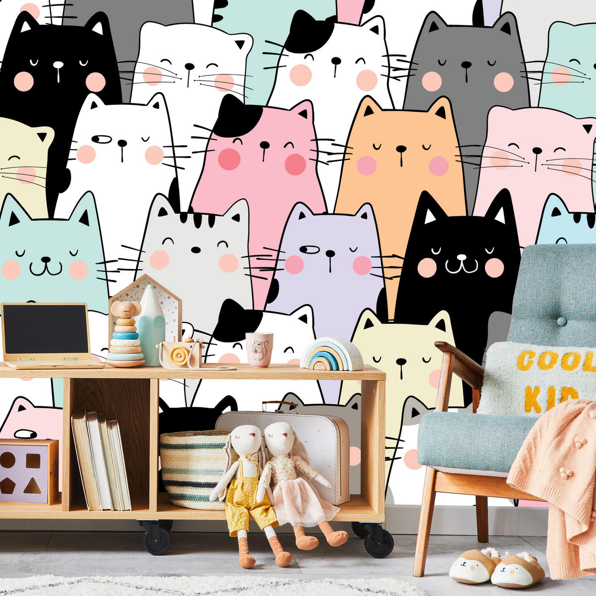 FOTOTAPETE für Kinderzimmer Bunte Katzen Cartoon Abstraktion 250x175 - Blau/Gelb, Papier (250/175cm) - Muralo