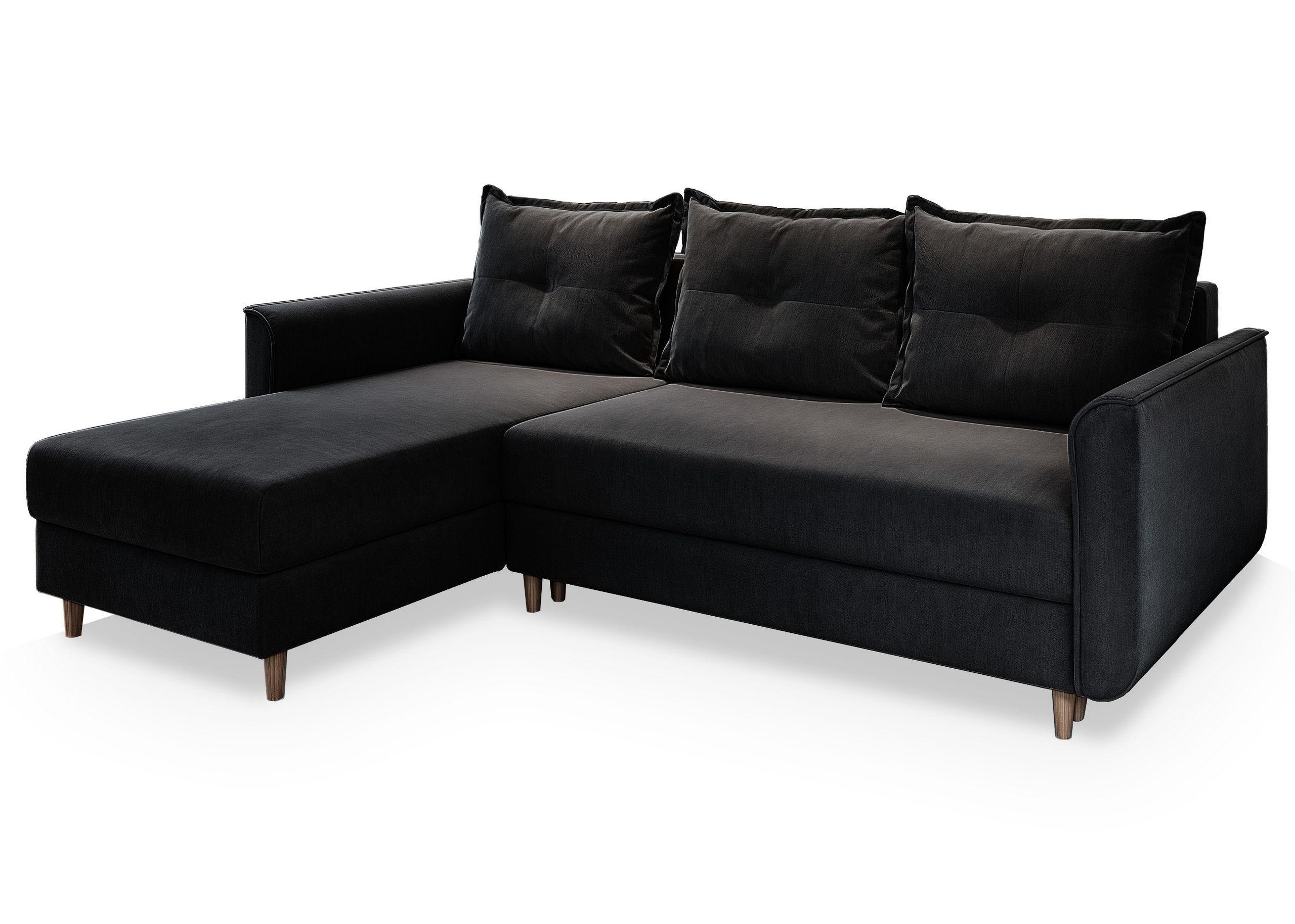 ECKSOFA PISAN R-S Schwarz Plüsch-Stoff mit Schlaffunktion - Schwarz, Holz (220/140cm) - MASSENO
