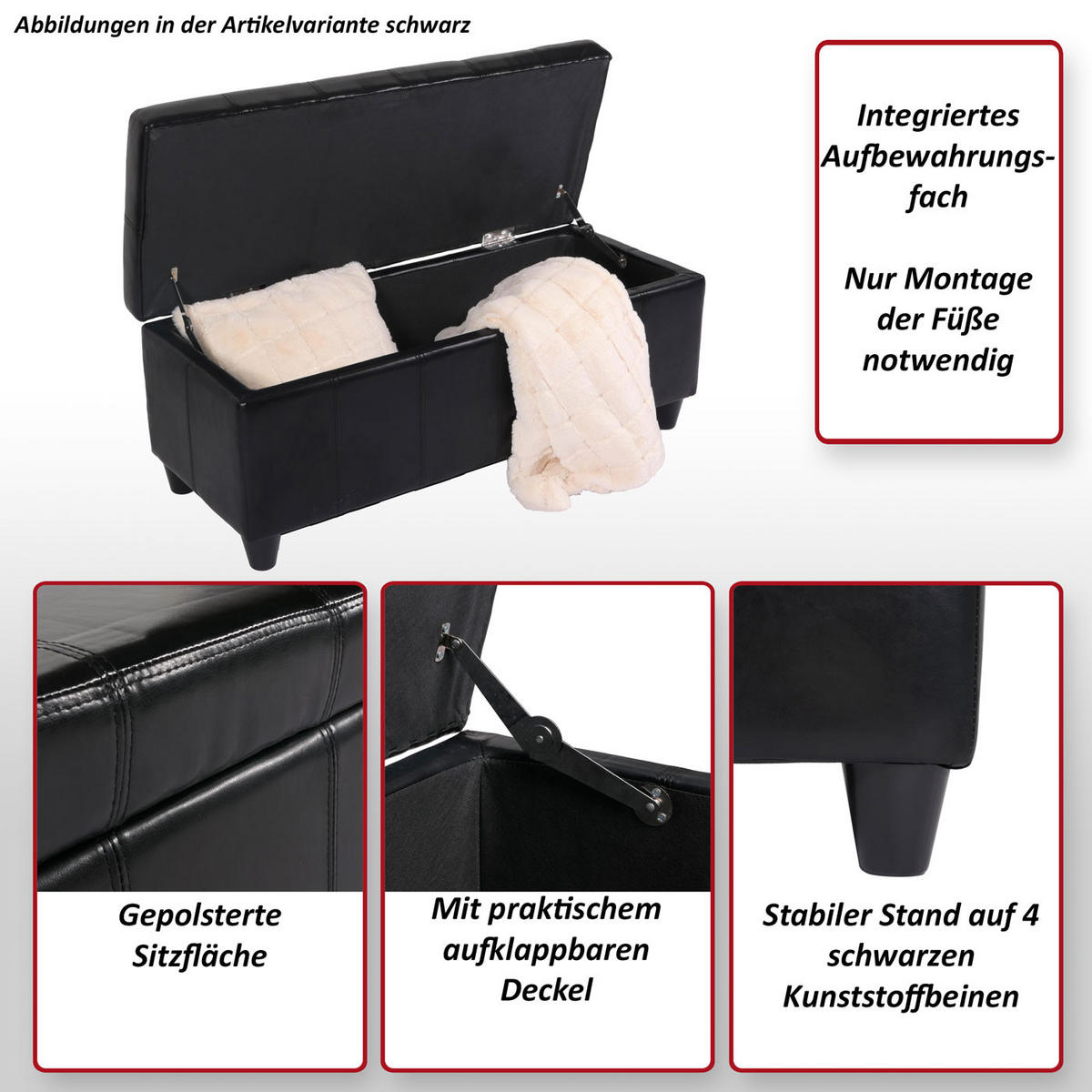 SITZBANK MIT AUFBEWAHRUNG Schwarz - Schwarz, Leder (112/45/45cm) - MCW