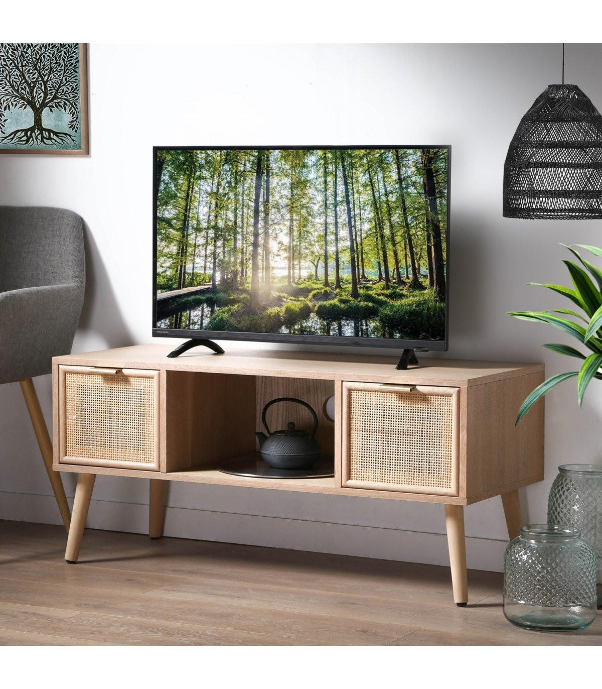 TV-MÖBEL mit 2 Schubladen Vorderseite aus Rattan - L100 cm - Apfelbaumfarben, Holzwerkstoff (42/45/100cm) - Calicosy