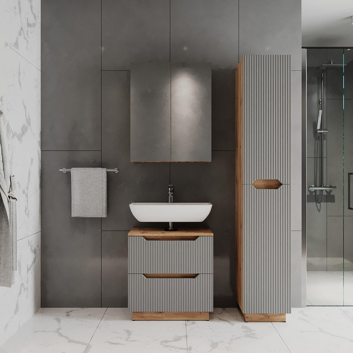 KOUPELNOVÝ NÁBYTEK Lotta Dubový/šedý pruhovaný - šedá/barva dubu, kompozitní dřevo (59.8/62.5/32cm) - Vicco