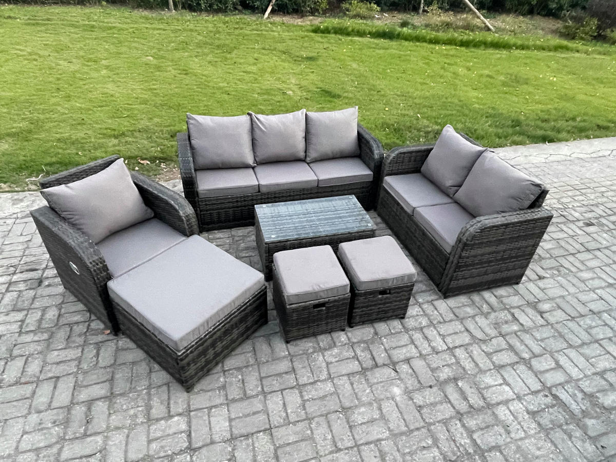 GARTENSET Polyrattan Dunkelgrau 6-Sitzer - Dunkelgrau/Grau, Glas/Kunststoff - Fimous