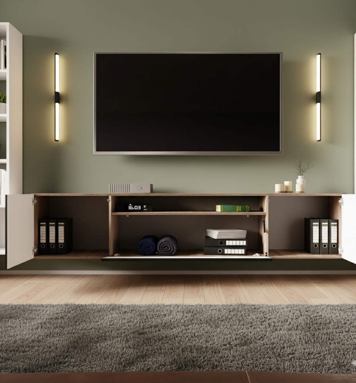 LOWBOARD Noa, Hängender TV-Schrank mit Push-to-Open System, eiche Artisan+schwarz - Schwarz/Eiche Artisan, Holzwerkstoff (200/41/40cm) - AN-Moebel 4u