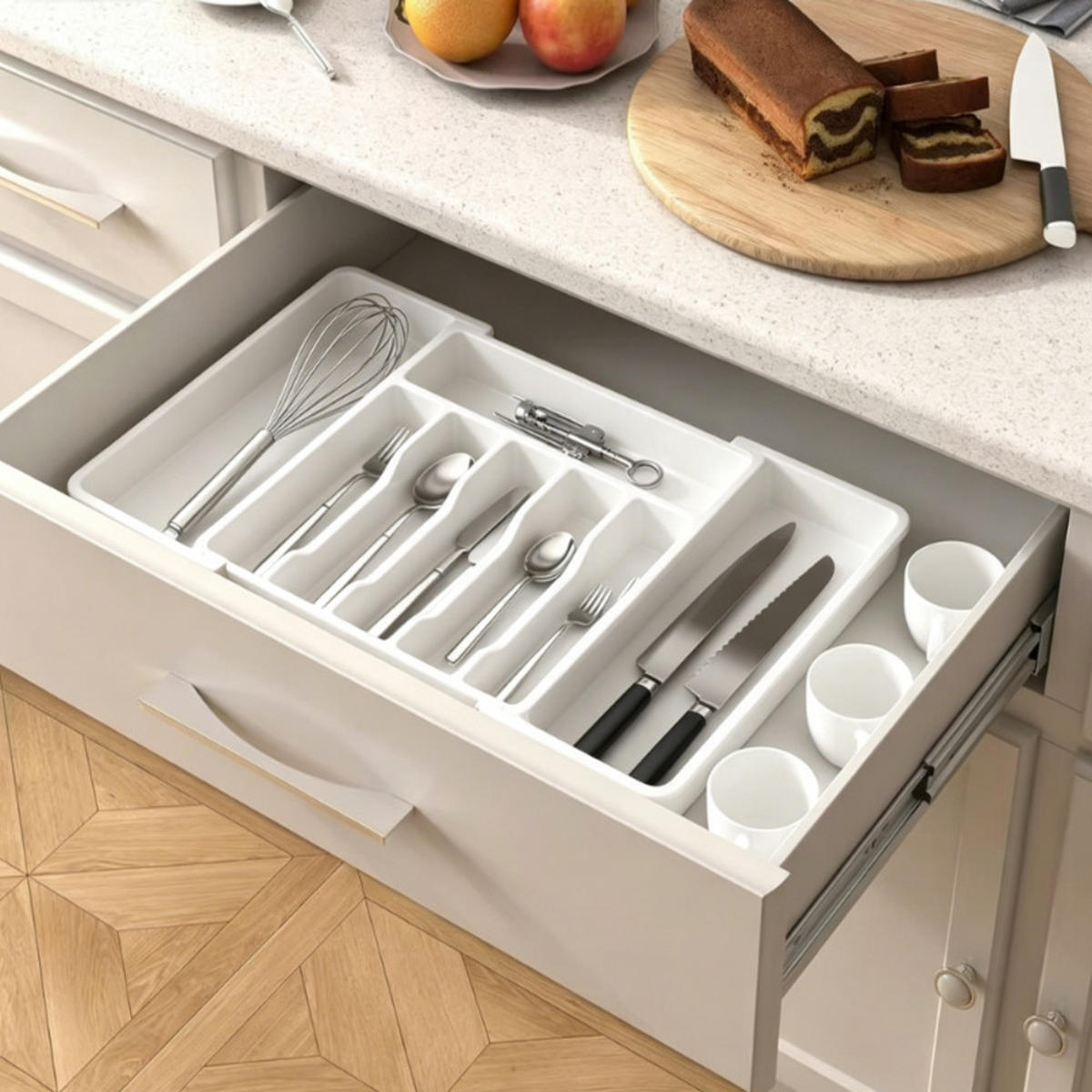 BESTECKORGANIZER,AUSZIEHBAR & verstellbar,Weiß, PP-Material,(33–57)cm × 38 cm - Weiß, Kunststoff (38/5/33cm) - Authentics