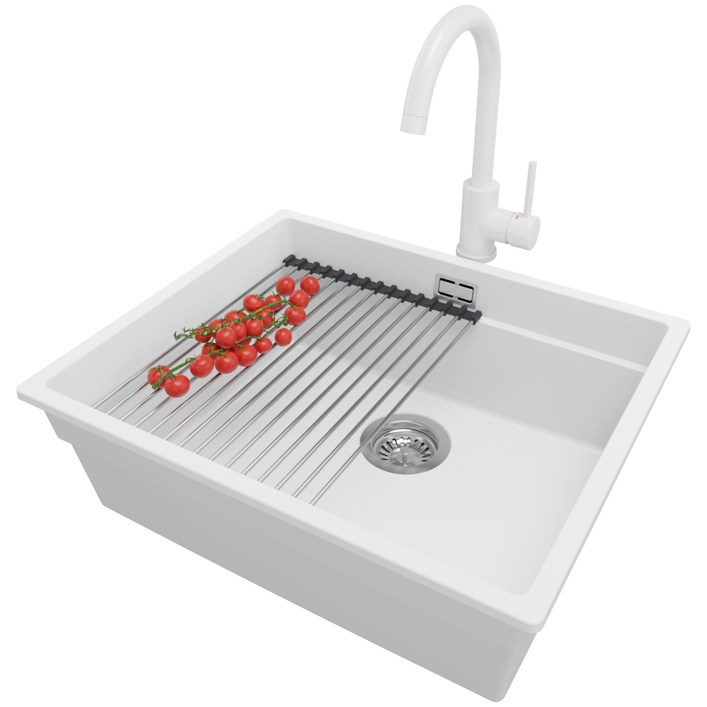 UNTERBAUSPÜLE GRANIT Praga, 2-er set Weiß 56/47 cm 1 Becken + Küchenarmatur 32/20 cm + Ablauf-Set + Aufrollbare Abtropffläche ab 60er Unterschrank - Chromfarben/Weiß, Kunststoff (56/20/47cm) - Primagran