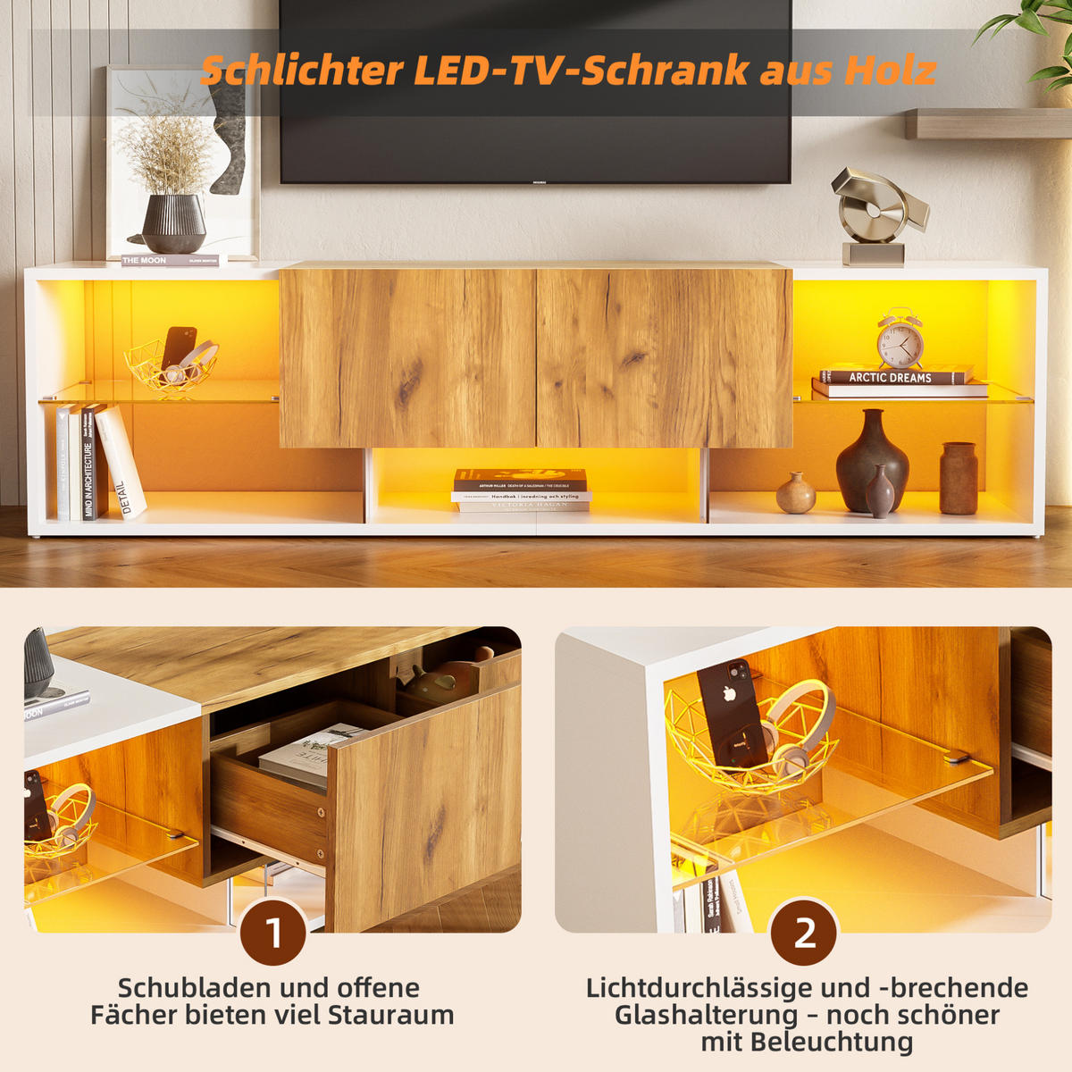 TV-LOWBOARD aus Spanplatte 160x40x42 cm Weiß/Eichefarben mit LED-Beleuchtung, Glasablage und 2 Schubladen - Hellbraun, Holzwerkstoff (160/42/40cm) - Modfu