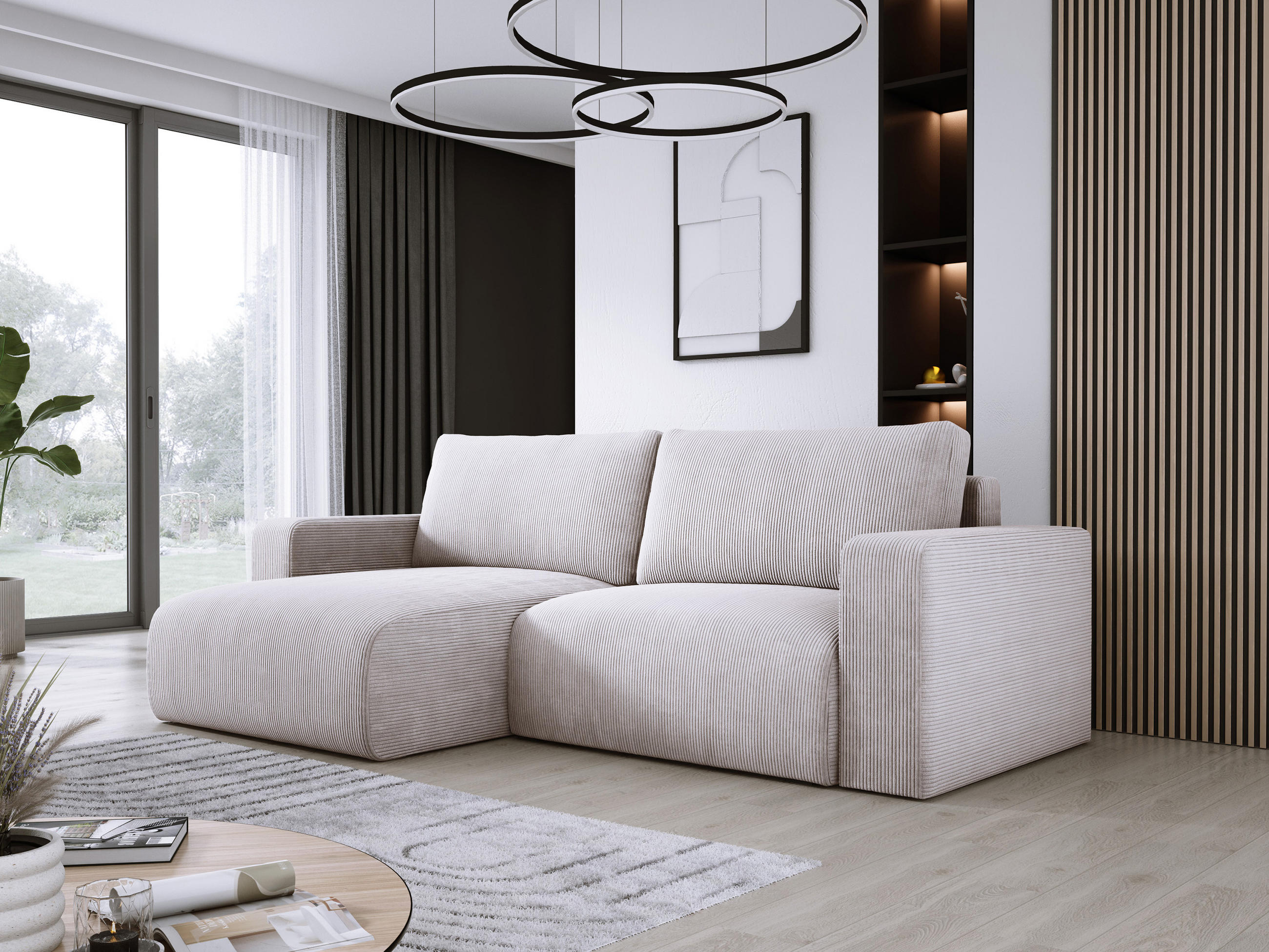 ECKSOFA Carl L-förmig Schlaffunktion und Bettkasten weicher Cordstoff flexibel stellbar lose Rückenkissen freistehend LINKS 143x247x83cm Greige - Greige, Holz/Textil (143/247cm) - DomoHome