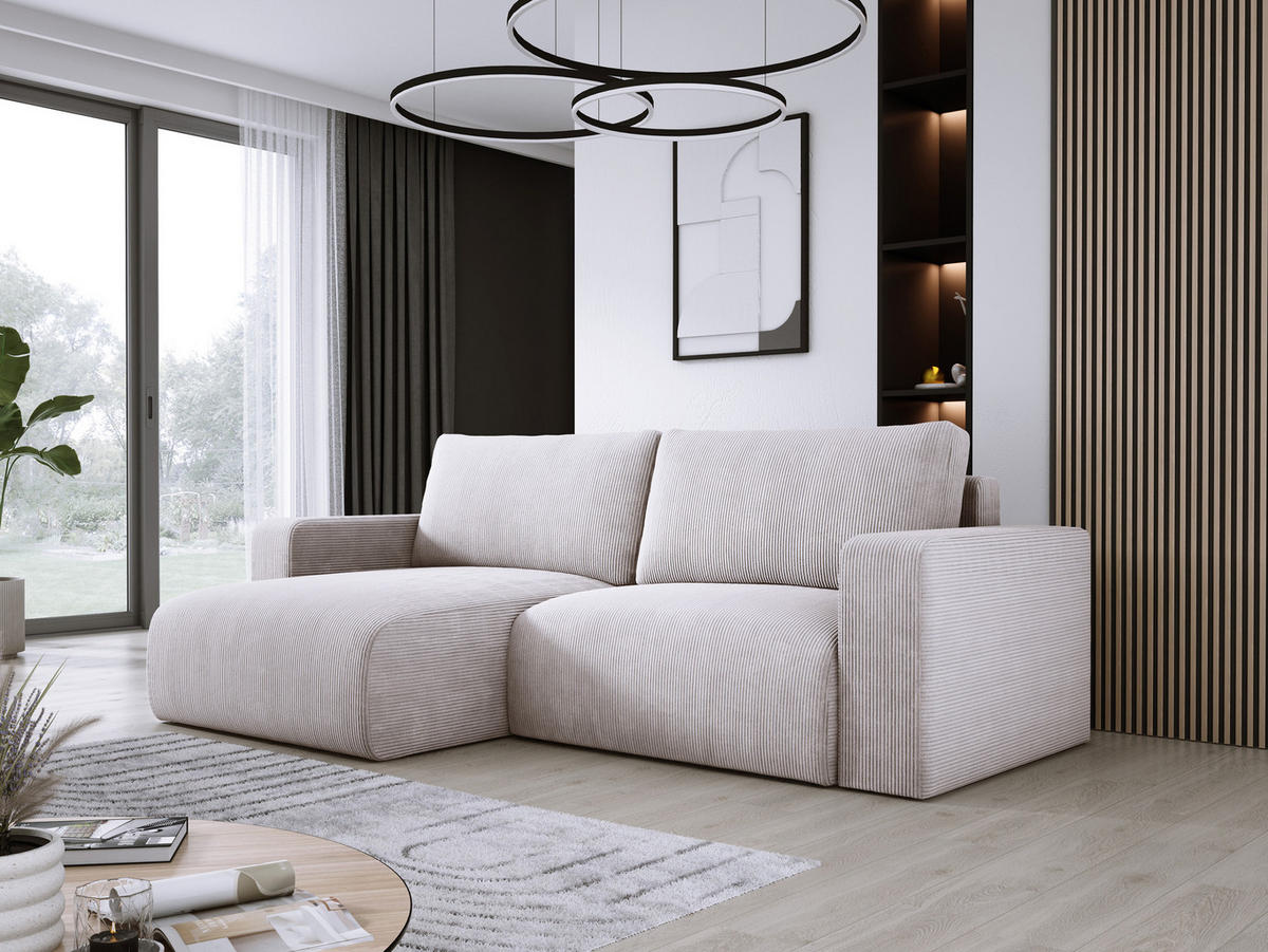 ECKSOFA Carl L-förmig Schlaffunktion und Bettkasten weicher Cordstoff flexibel stellbar lose Rückenkissen freistehend LINKS 143x247x83cm Greige - Greige, Holz/Textil (143/247cm) - DomoHome