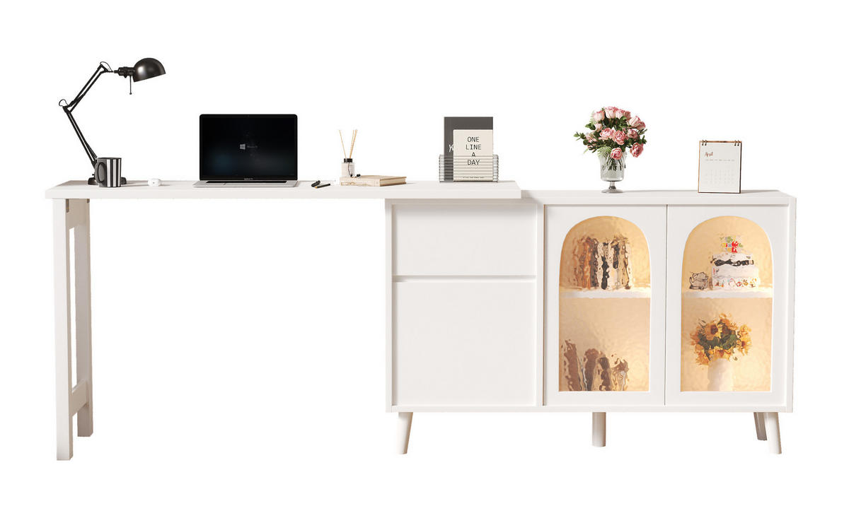 BÜROTISCH Weißer mit Stauraum und Vitrine - Weiß, Glas/Holzwerkstoff (40/120/70cm) - Urban Meuble
