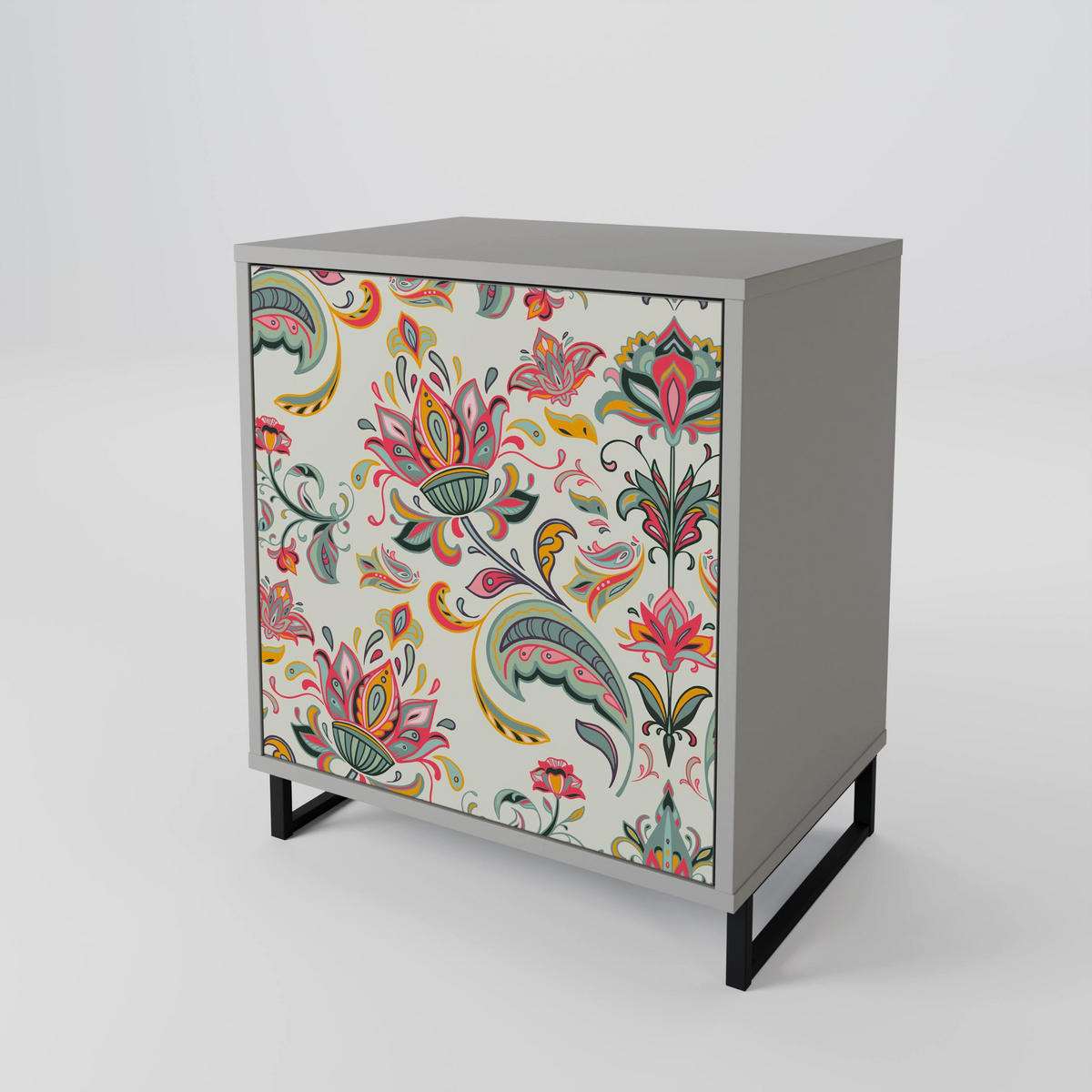 SIDEBOARD ORGANIC FOLKLORE, Grau, 57,5x42x75,5 cm, Goldfarbene Metallfüße - Goldfarben/Multicolor, Holzwerkstoff/Metall (57.5/75.5/42cm) - SpaceRebels
