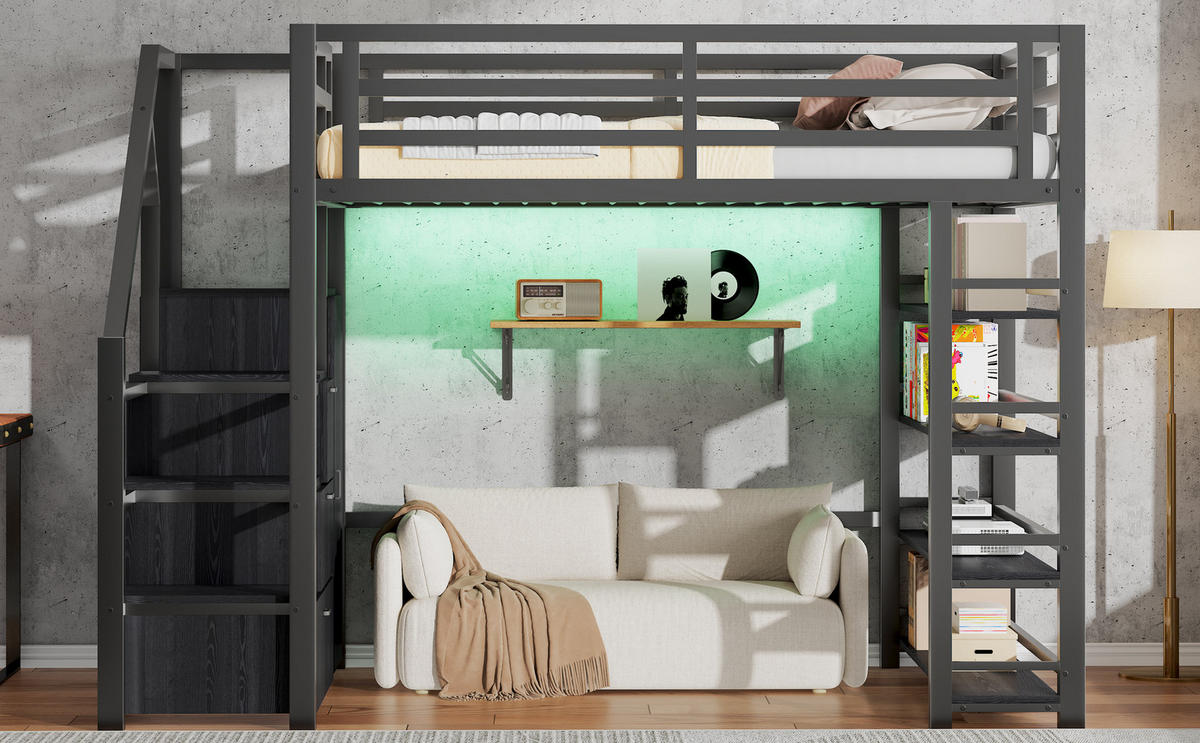 HOCHBETT 140x200 cm mit vierstufigem Regal, Kleiderschrank und Stauraumtreppe, LED-Beleuchtung, schwarz - Schwarz, Holzwerkstoff (140/200cm)