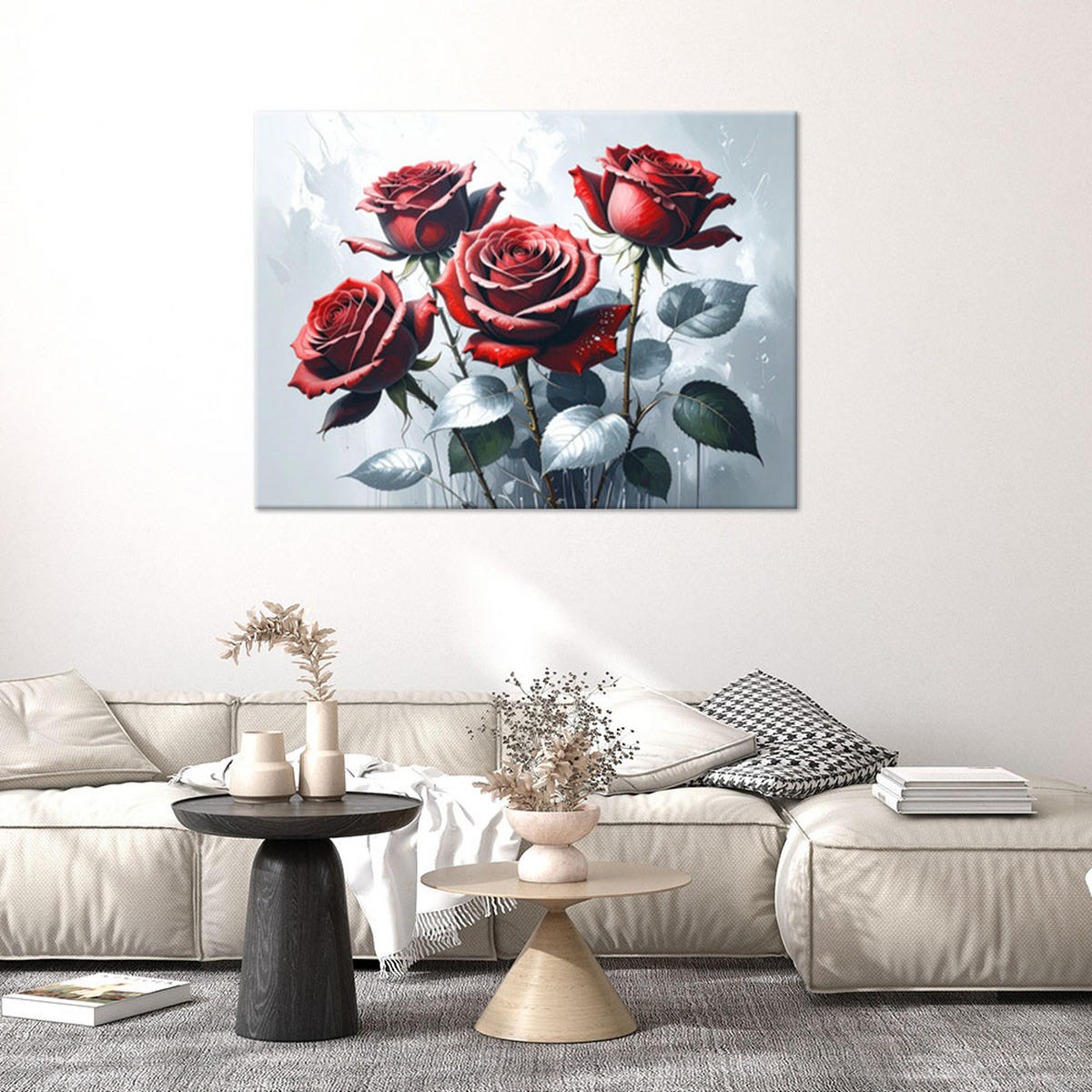 WANDBILD, Rote Rosenblüten auf grauem Hintergrund - Rot, Textil (30/20cm) - Feeby