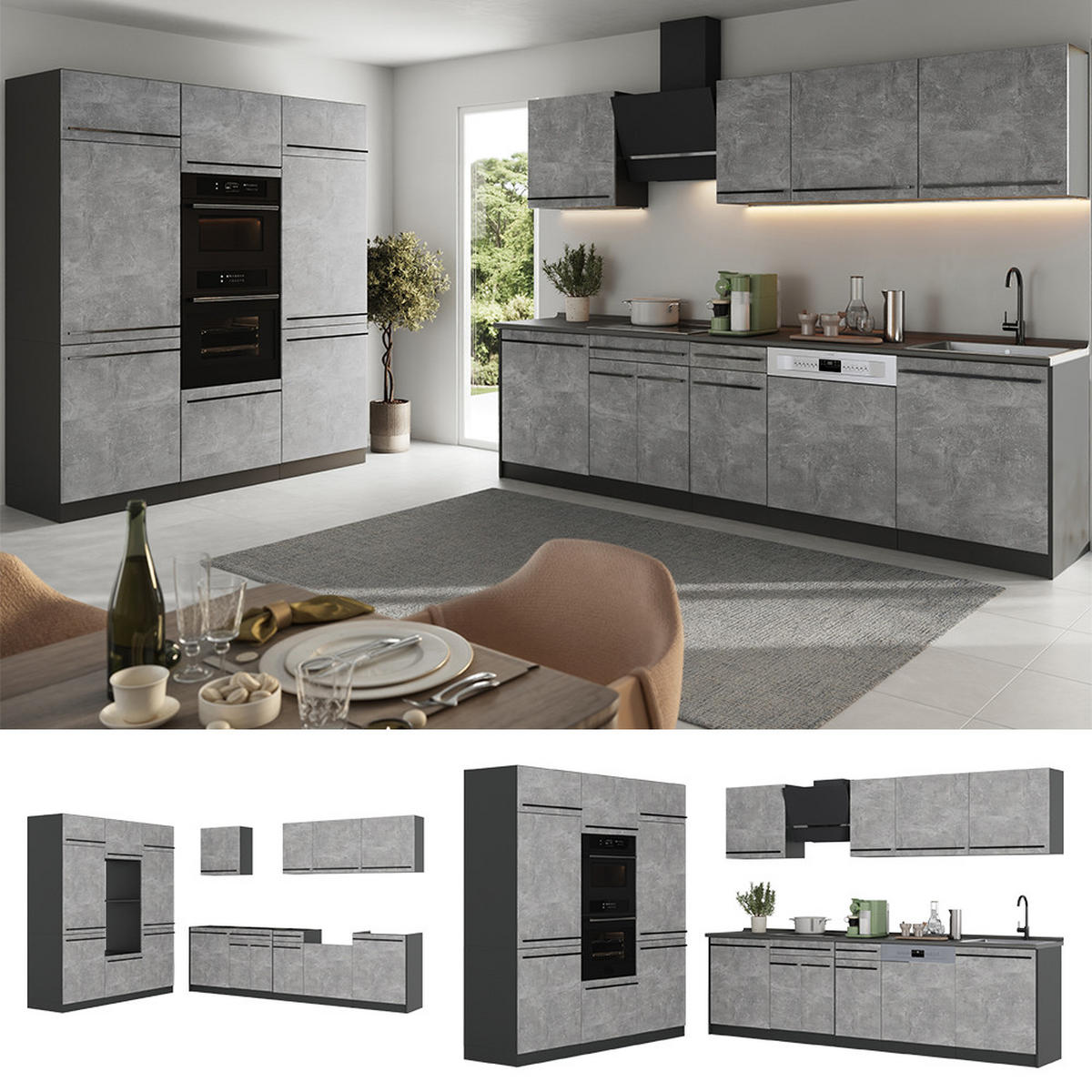 KUCHYŇSKÝ KOUT R-Line, Beton/Antracit, 180 cm pracovná doska Mramor - šedá/antracitová, kompozitní dřevo (180/206.8/60cm) - Vicco