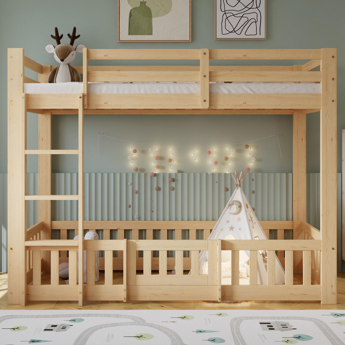 ETAGENBETT 90/200 cm natur aus Kiefer mit rechtwinkliger Treppe - Naturfarben, Holz (90/200cm) - OKWISH