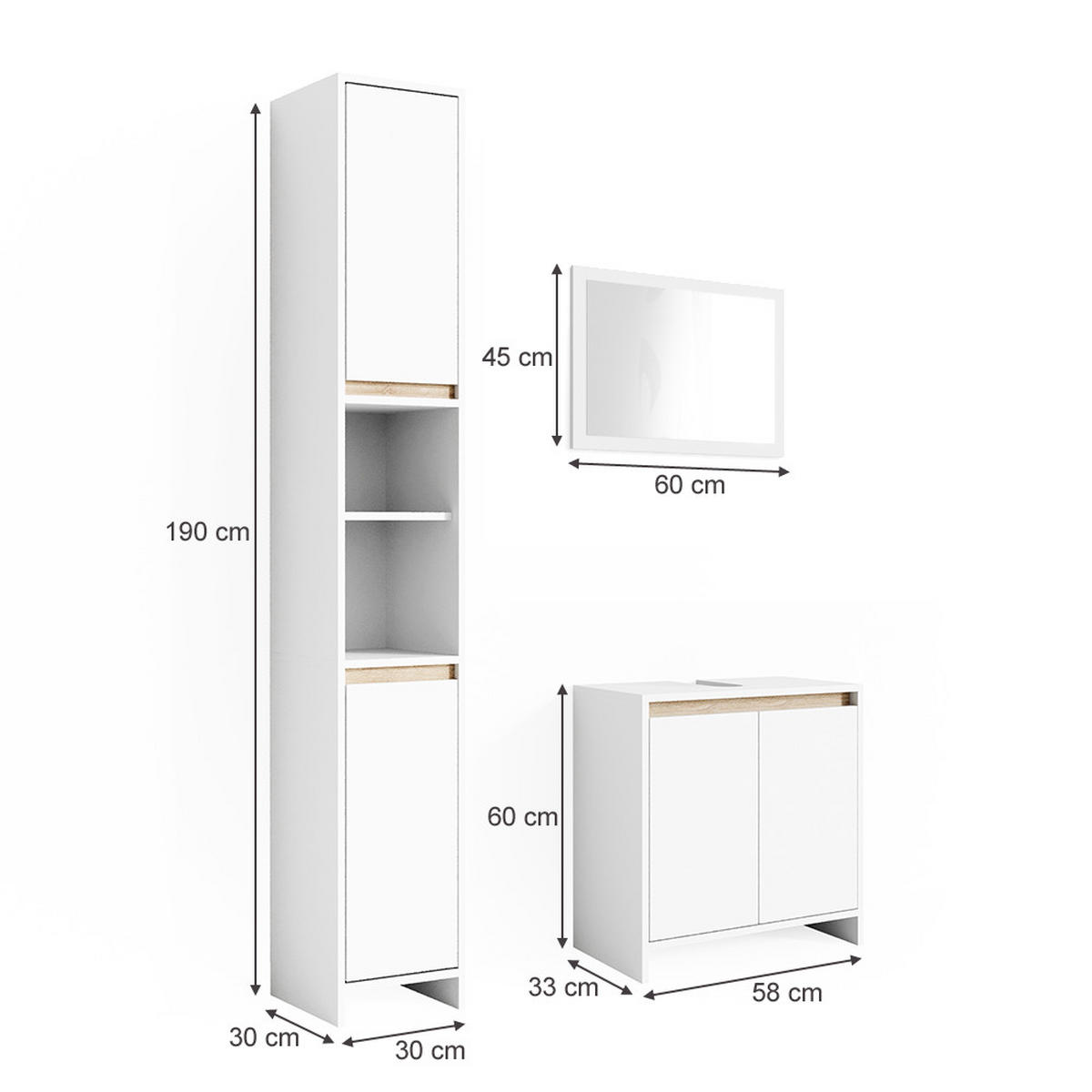 BADMÖBEL-SET Emma Weiß/Sonoma 3 Teile, mit Hochschrank - Weiß/Sonoma Eiche, Holzwerkstoff (58/60/33cm) - Vicco