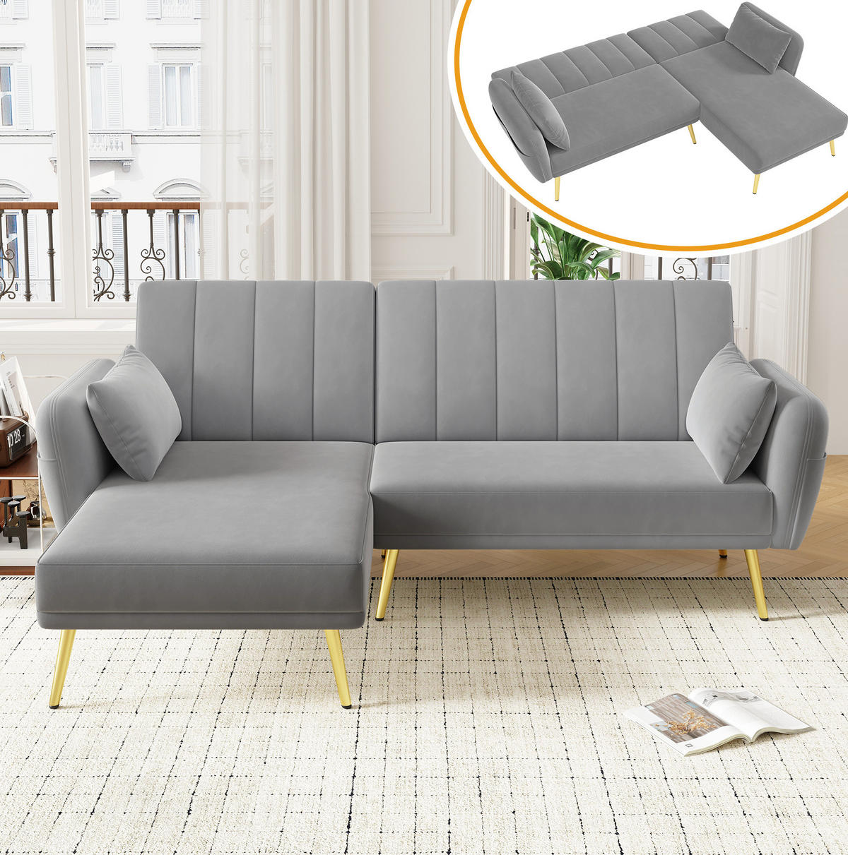 ECKSOFA, Samt mit Schlaffunktion & verstellbarer Rückenlehne, 191,5/130,5/80 cm, Grau - Grau, Textil (130.5/191.5cm) - Redom