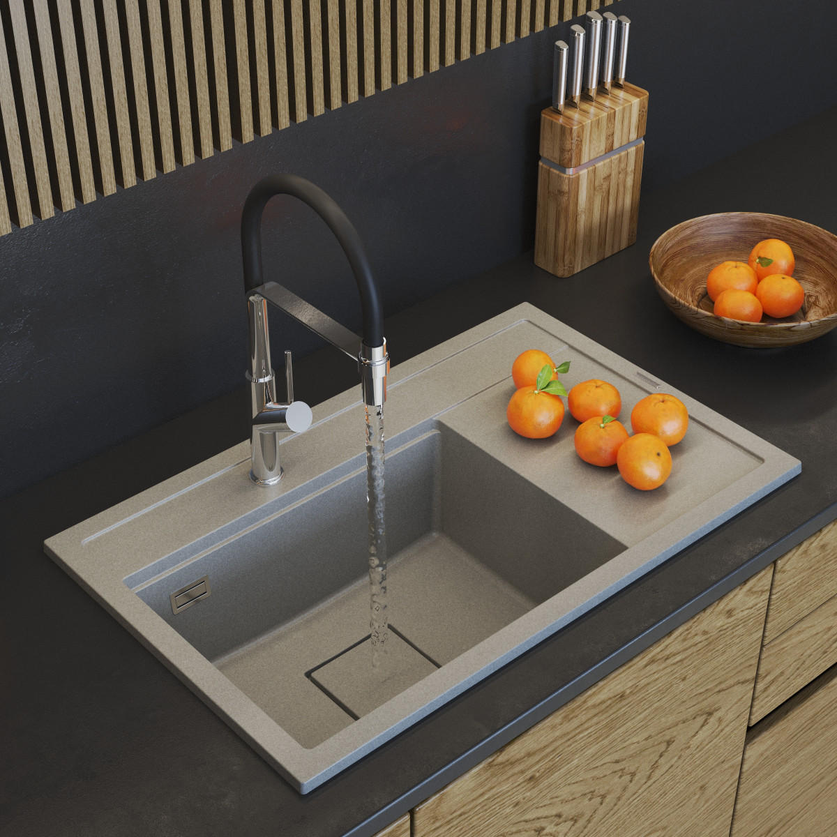 KÜCHENSPÜLE Rendo mit Siphon Batterie - Beige, Kunststoff/Stein (51/22/81cm) - Granitan