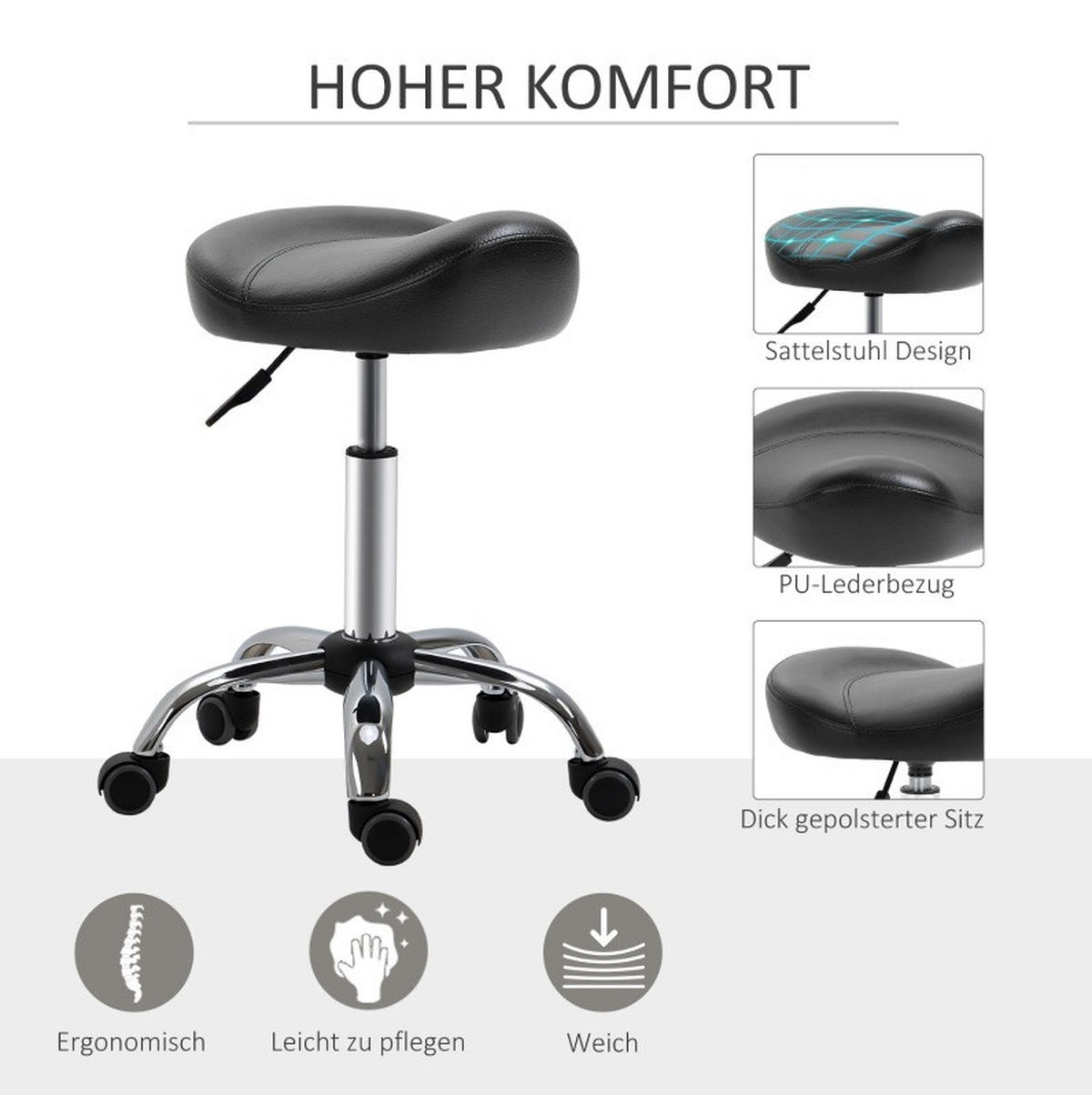 ROLLHOCKER höhenverstellbar 48 x 48 x 54-69 cm Kunstleder Black - Schwarz, Metall (48/69/48cm) - Meubliv