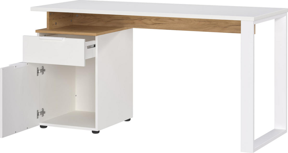 SCHREIBTISCH – Weiß/Beige, 140x61x74 cm, mit Container, stoßfest, Metallkufen - Weiß, Holz/Metall (61/140/74cm) - KADIMA DESIGN