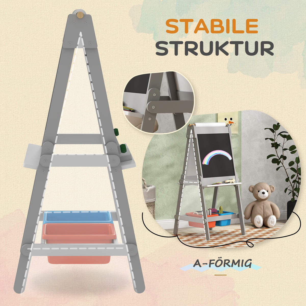 3-IN-1 Kindertafel, doppelseitige Kinder Staffelei mit Kreidetafel, Whiteboard - Grau, Holzwerkstoff (50/108/51cm) - AIYAPLAY