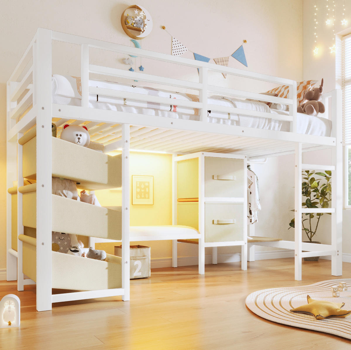 HALBHOHES Bett 90/200 cm mit LED-Beleuchtung, Sitzkissen, Stoffschublade und Hängebereich, Metall, Weiß - Weiß, Metall (90/200cm) - Redom