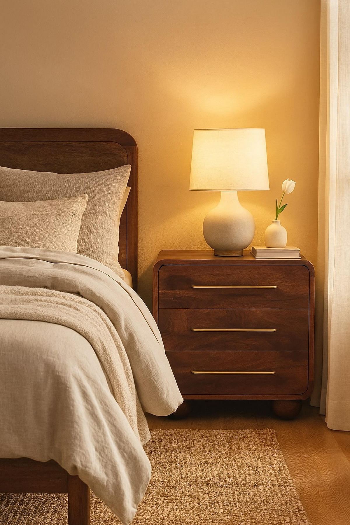 KOMMODE Abgerundet, 3 Schubladen, Hellbraun - Dunkelbraun/Messingfarben, Holz/Metall (55/57/30cm) - Artisan Furniture