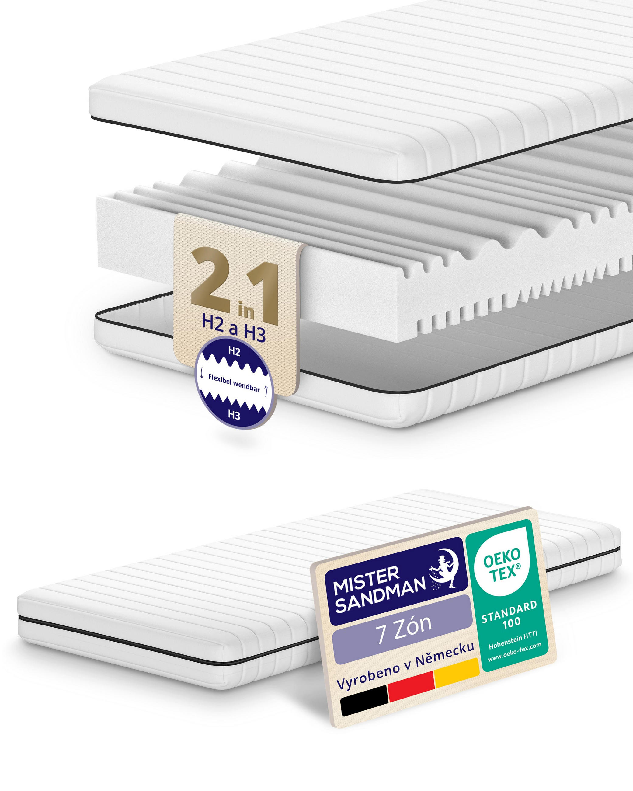 MATRACE 180/200 H2 H3 – oboustranná matrace – výška 15cm – 7zónová matrace ze studené pěny – pratelný potah - bílá, textil (180/200cm) - Mister Sandman
