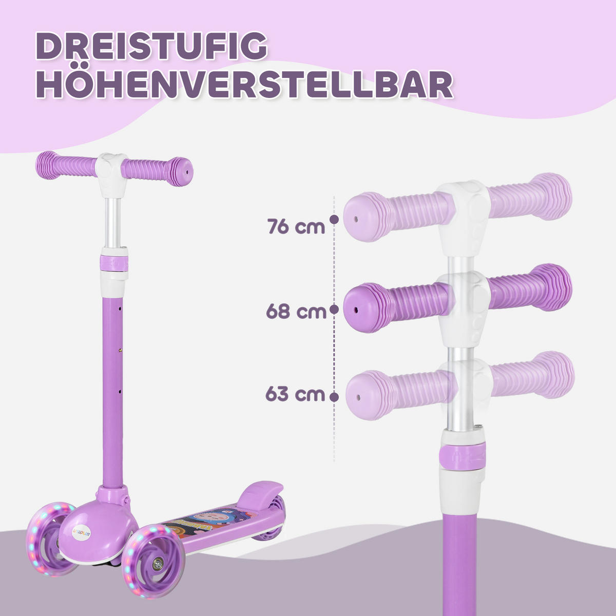 ROLLER Kinder Scooter mit LED Rädern 120 mm Rollen Aluminium-Roller klappbar - Violett, Kunststoff (52/29/76cm) - AIYAPLAY