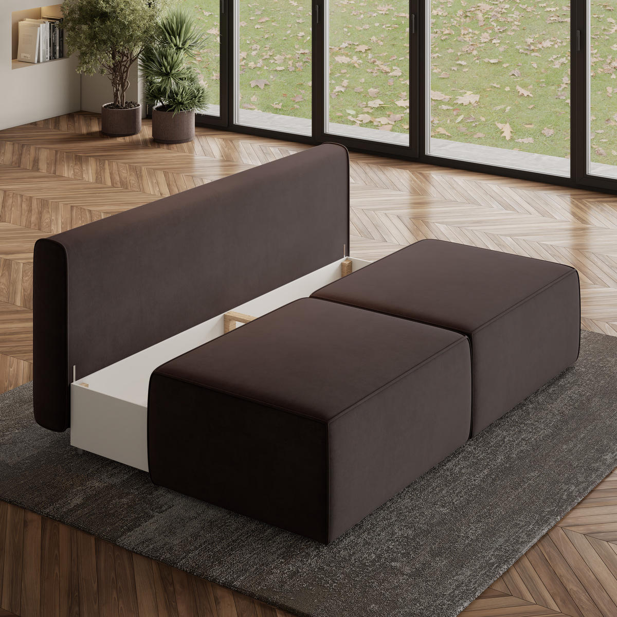 ECKSOFA VARNA M Braun Velours-Stoff mit Schlaffunktion - Braun, Holz (196/158cm) - MASSENO