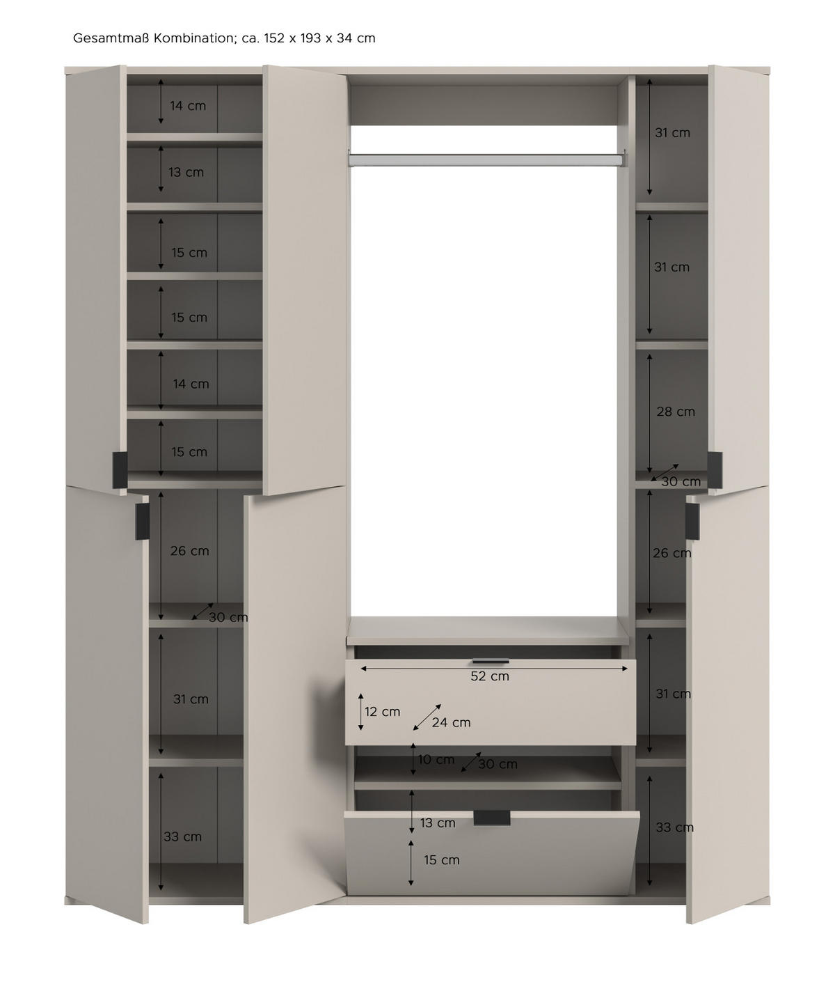 GARDEROBEN-SET Kaschmir 152 x 193 cm, Garderobenschrank mit viel Stauraum - Kaschmir/Schwarz, Holzwerkstoff/Metall (152/193/34cm) - Inn.Furn