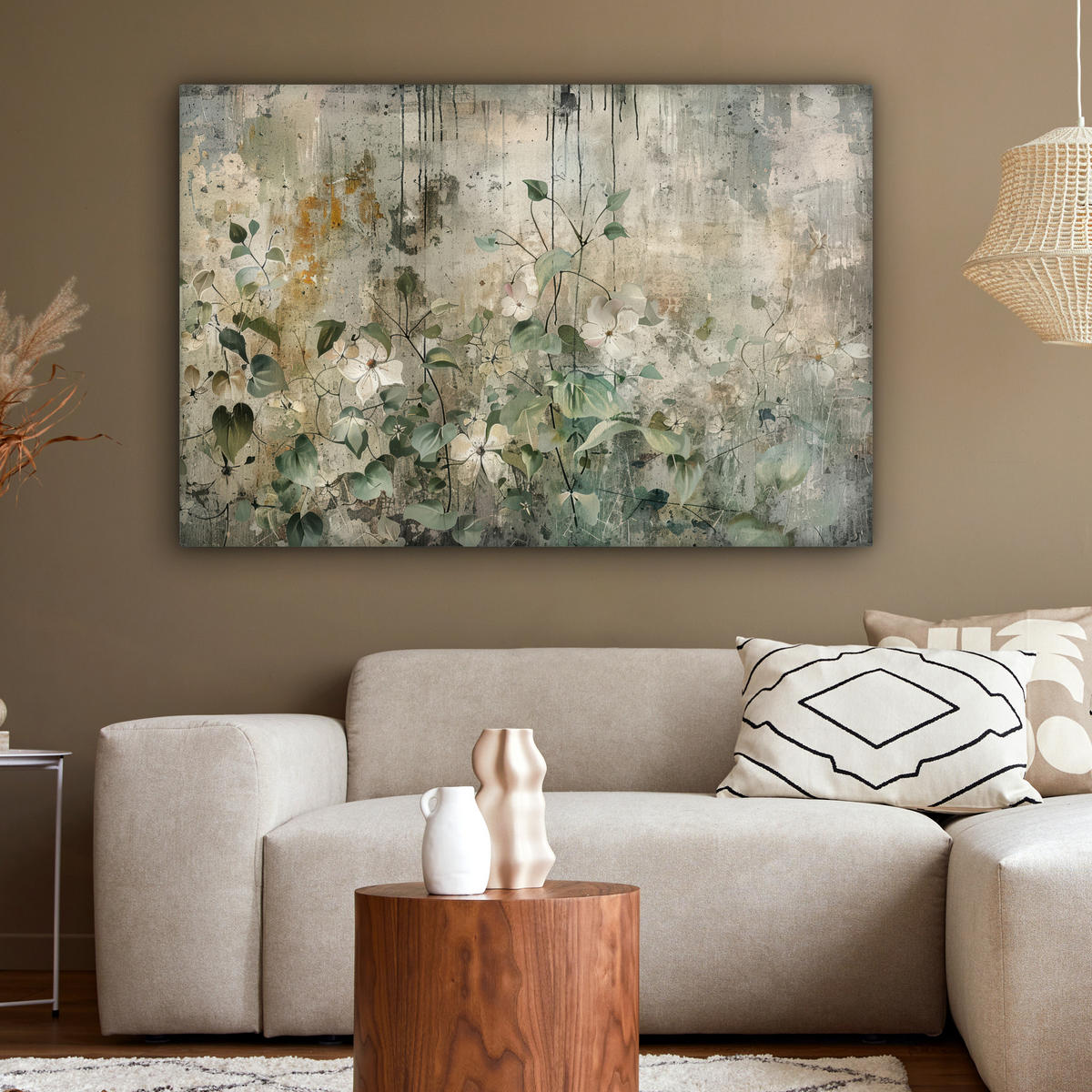 LEINWANDBILD Blumen - Blätter - Abstrakt - Modern XXL 150x100 cm - Grau, Textil (150/100cm) - MuchoWow