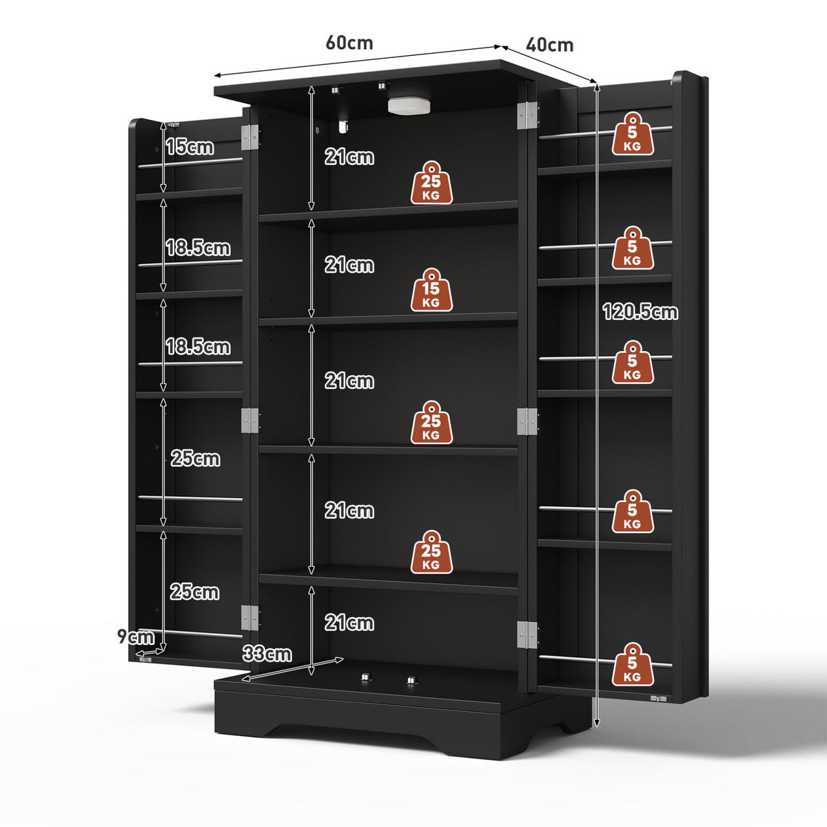 HOCHSCHRANK 2-türig aus MDF mit LED-Sensorlicht, moderner Stauraum für Küche und Wohnraum, 120/60/40 cm, Schwarz - Schwarz, Holzwerkstoff (60/120/40cm) - Redom