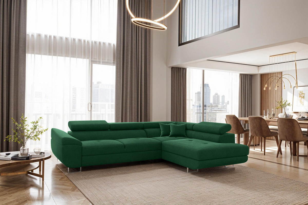 ECKSOFA FALIO L-Form Mit Schlaffunktion Im Modernen Stil Für Das Wohn Und Schlafzimmer Dunkelgrün Rechts - Dunkelgrün, Holz/Textil (275/202cm) - Kaiser Möbel