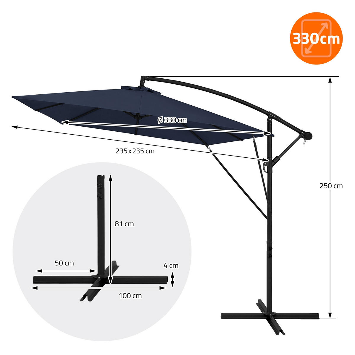 AMPELSCHIRM Ø 330 cm in Navy Blau aus Aluminium - Blau, Metall (330/330cm) - ML-DESIGN