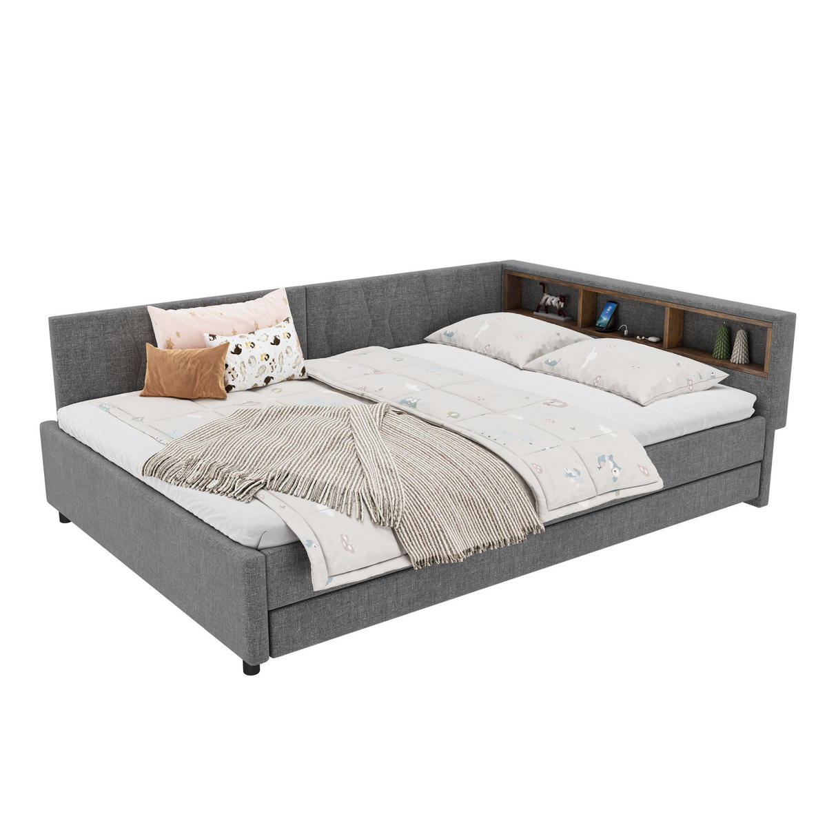 POLSTERBETT 140/200 cm Grau aus Leinen mit USB- und Type-C-Anschlüssen und LED - Grau, Textil (140/200cm) - Flora Grace