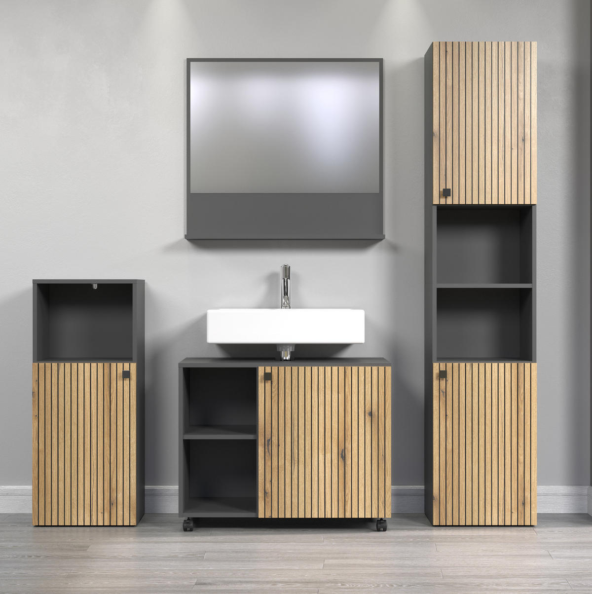 BADMÖBEL-SET Evoke Eiche, grau 180 x 186 cm 4-teilig, Badkombination in modernem Design - Eichefarben/Anthrazit, Holzwerkstoff/Metall (31/95/40cm) - Top.Furn